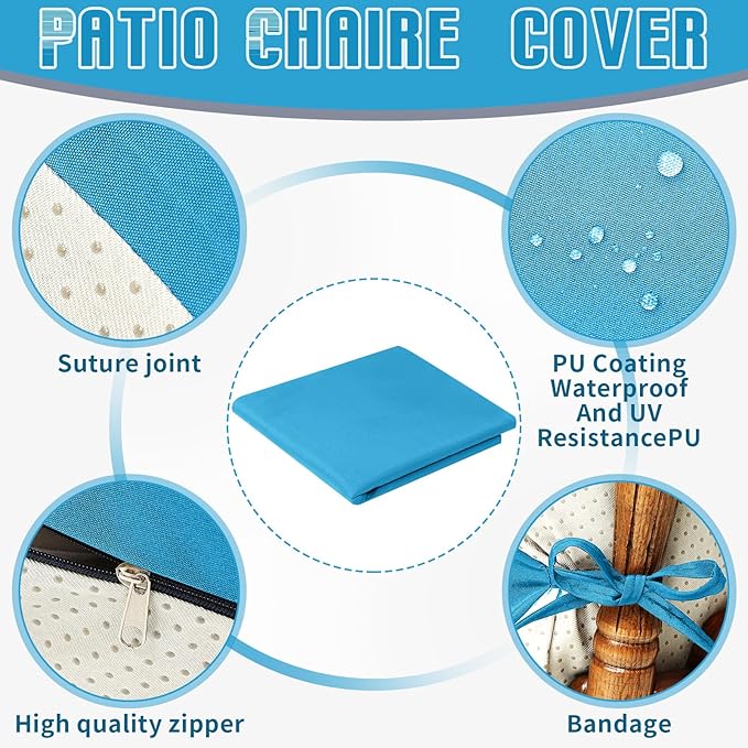 Tudomro 4 Pcs Outdoor High Back Chair Cushion Covers (Not Includes Cushion) Waterproof Patio Replacement Rocking Chair Slipcover Seat Pad Cover with Tie for Furniture (Lake Blue,44'' X 21'')