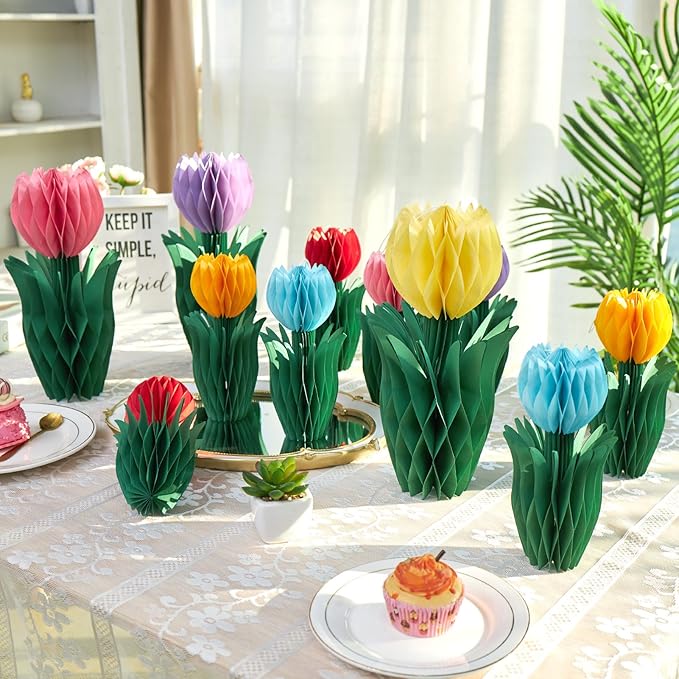 OBBOLO 12 Pcs Tulip Honeycomb Decorations, Spring Decorations for Office, Spring Table Decor, Tulip Party Decorations, Spring Centerpieces for Tables for Mothers Day Spring Party, Womens Day