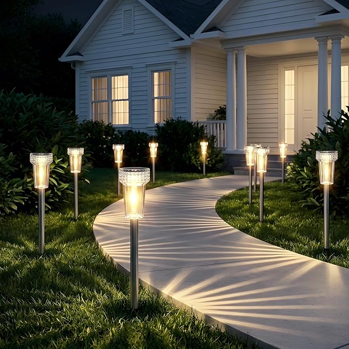 DERAYSION 12 Pack Solar Pathway Lights Outdoor, Solar Powered Garden Lights Auto On/Off, Waterproof Stainless Steel Pole Landscape Lighting for Path, Yard, Walkway, Driveway Decor - Warm White