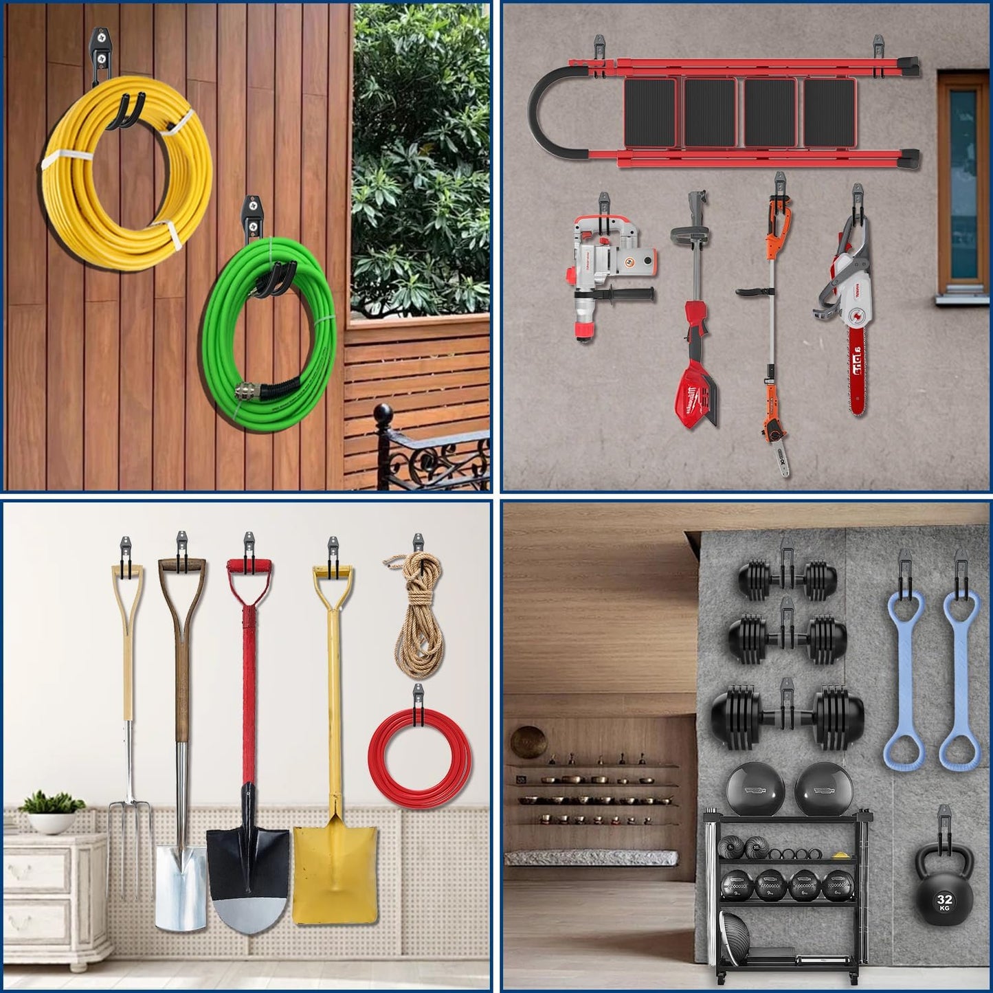 3-H Large Garden Hose Holder Wall Mount 4 Pack,Solid Steel Hose Hanger,Water Hose Holders for Outside,Perfect for Hanging Outdoor Air Hose,Ropes,Pipes,Garden Tools,Ladders,Bikes,Bulk Items(Black)