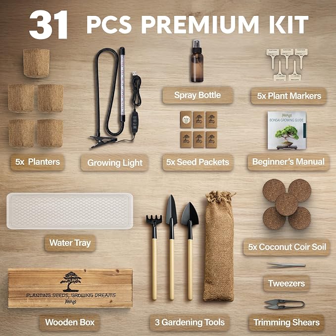 AVERGO Bonsai Tree Kit Deluxe + Growing Light - 5X Unique Japanese Bonzai Trees | Complete Indoor Bonsai Starter Kits for Growing Trees – DIY Gardening Gifts for Mother, Women & Men