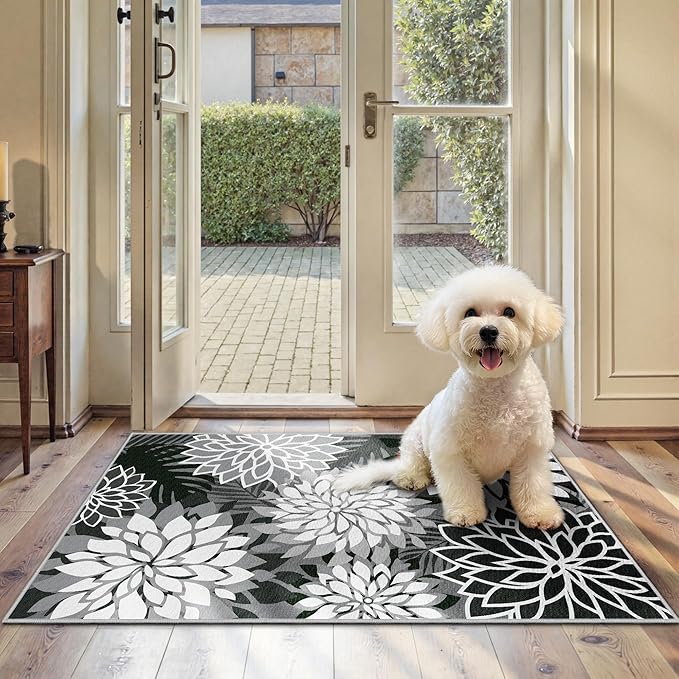 Arenarug 2x3 Washable Small Rug Tropical Botanical Modern Floral Indoor Chenille Door Mat Carpet Non Slip for Patio, Entry Way, Entrance, Porch, Black
