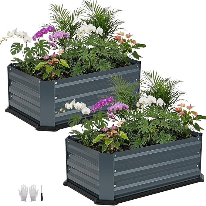 2 Pcs Galvanized Raised Garden Bed with Bottom, Indoor Metal Raised Garden Beds, Easy Assembly No leaks & Rust-Proof Flower Bed, Outdoor Planter Box for Vegetables, Herbs, Patio, Balcony, Grey