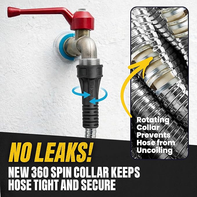 Bionic Steel PRO 50 Ft Metal Garden Hose with Nozzle, Water Hose Made from Heavy Duty 304 Stainless Steel, Flexible, Lightweight, Brass Fittings, Non Kinking, 500 PSI