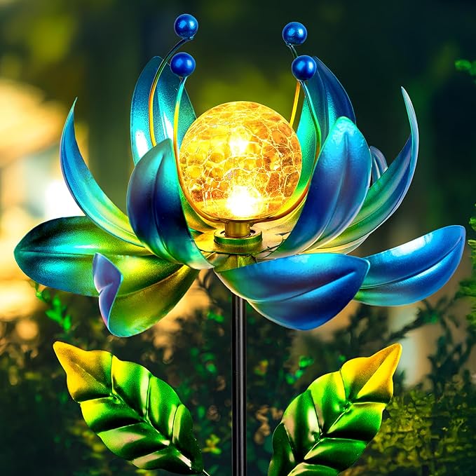 Solar Wind Spinners Outdoor Metal Kinetic Lotus Flower, Pinwheels for Yard and Garden Decor with Warm Crackle Glass Globe, 360° Spinning Yard Art Sculpture