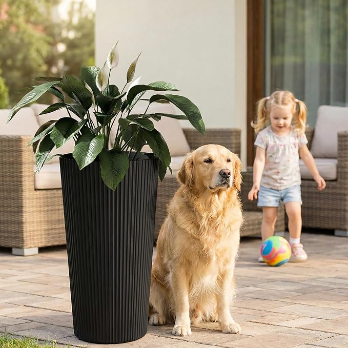 23.6" H Tall Planters for Outdoor Plants, 2 Pack Large Outdoor Planters for Front Porch Decor with Drainage Hole, Plastic Striped Flower Pots Fits Indoor Plants Patio Garden, Black