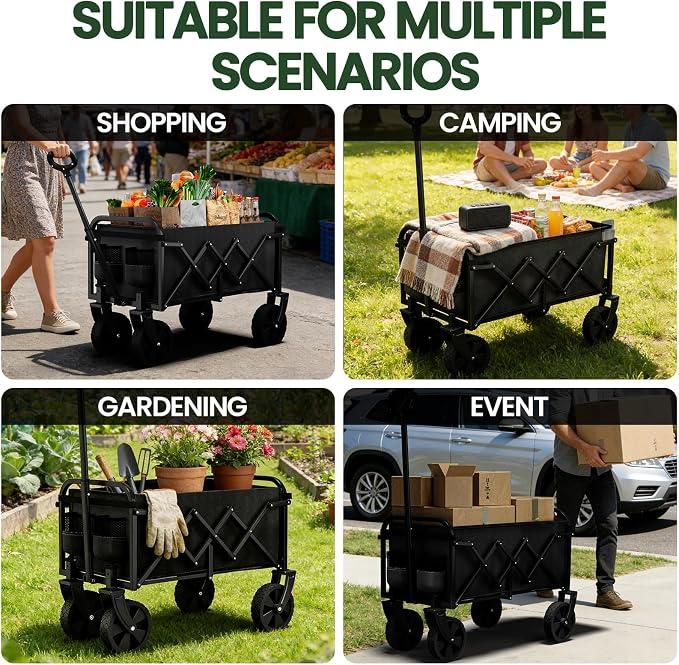 Foldable Wagon, Collapsible Wagon with Wheels, Small Wagons Cart with Flexible Handle, Portable Grocery Utility Wagons for Camping, Garden, Sports, Black