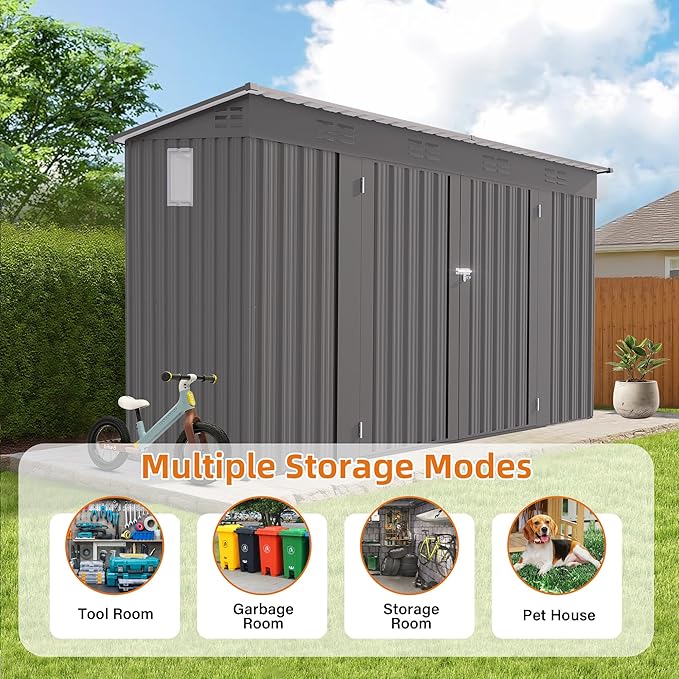 Outdoor Metal Storage Shed, Galvanized Steel Garden Shed with Sloped Roof & Vents, Waterproof Rust-Resistant Backyard Tool Shed for Patio Lawn Garden Trash Can Storage, Easy Assembly