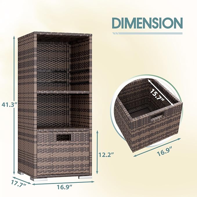 Devoko Outdoor Pool Towel Rack Patio Waterproof Rattan Wicker Storage Cabinet Shed with Shelves & Drawer (Brown)