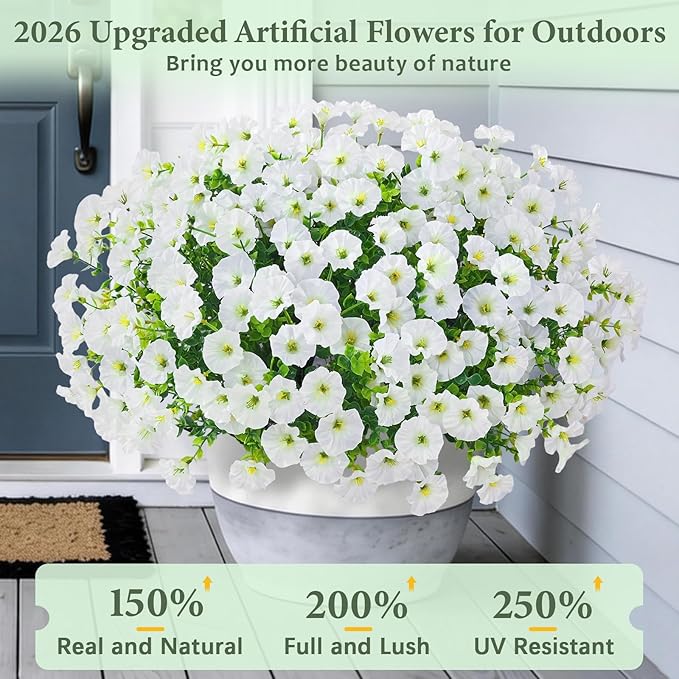 Yastouay Artificial Flowers for Outdoors, 14 Bundles Fake Outdoor Flowers, UV Resistant Artificial Plants & Flowers for Decoration, White Realistic Morning Glory for Outdoor Porch Garden Decoration