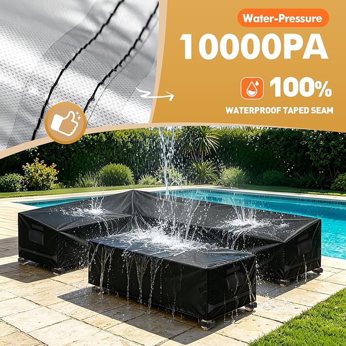 Outdoor L-Shaped Sectional Cover and Patio Table Cover Waterproof, 2PCS 420D Patio Furniture Covers, Fit 6-Seater Outdoor Sectional Furniture Couch and Tables, Triple Windproof and Anti-UV, Black