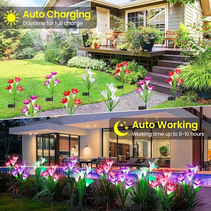 LETMY Solar Garden Lights, 4 Pack Solar Flower Lights with 4 Head Bigger Lily Lights, IP65 Waterproof Solar Lights Outdoor, Decorative Lights for Garden, Patio, Yard, Flower Bed
