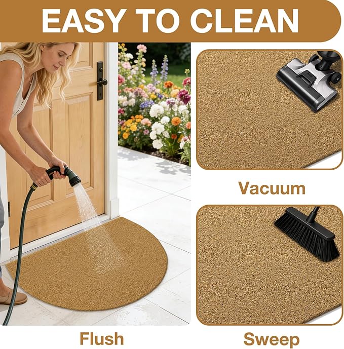 OLANLY Half Circle Front Door Mat, Low Profile Doormat, Stain and Fade Resistant, Easy to Clean, for Indoor and Outdoor Entrances, Patio Porch or Entryway, Brown (35x23 Inch, Plain Brown)