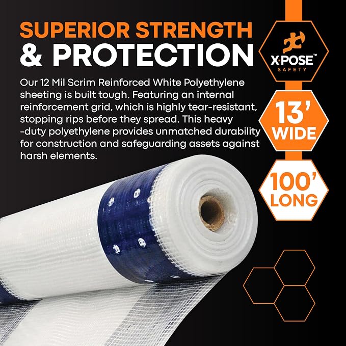 Xpose Safety Fire-Retardant Scaffold Sheeting 13' x 100' – Bulk Half Pallet 8 Packs – 12 Mil White Polyethylene, Heavy Duty Reinforced, UV, Tear-Resistant Construction Wrap for Weather Protection
