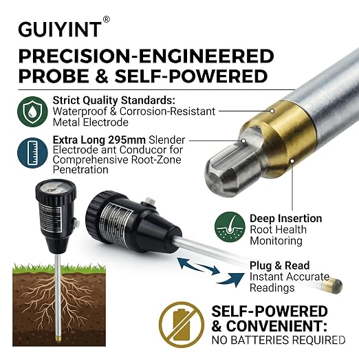 2-in-1 Soil pH and Moisture Meter, Replacement for Standard Soil Tester Probes - 295mm Long Electrode for Indoor/Outdoor Plants, Garden, Lawn, Farm