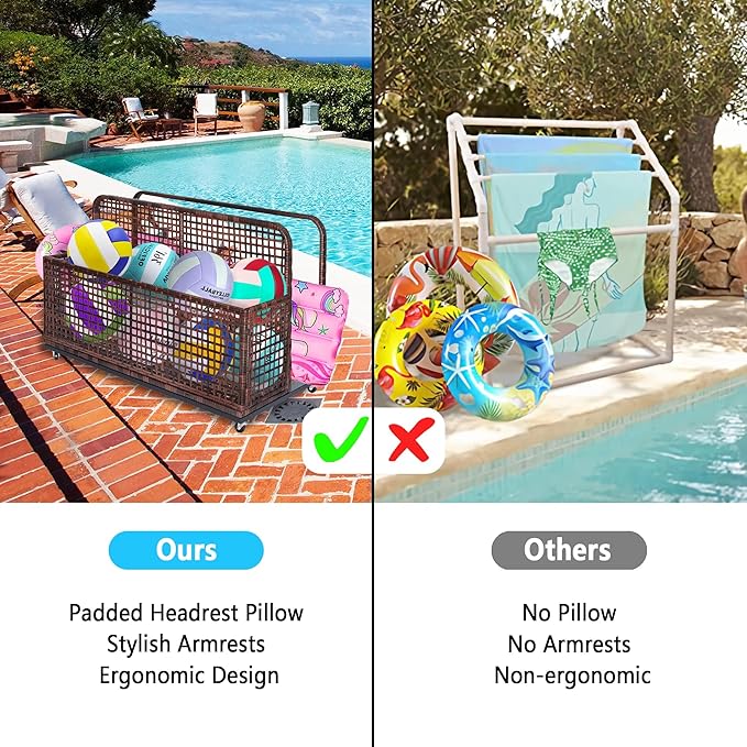 Poolside Float Storage with Wheels, Rolling PE Rattan Pool Caddy with Compartment and Basket, Wicker Outdoor Storage Organizer for Floats, Towels, Toys, Patio Accessories, Brown