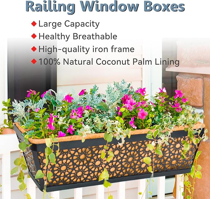 EIMQUVW 2 Pack 30" Railing Planter Window Box Deck Balcony Rail Planters Black Metal Flower Basket Horse Trough Planter with Coco Fiber Liner for Porch Fence Patio Outdoor