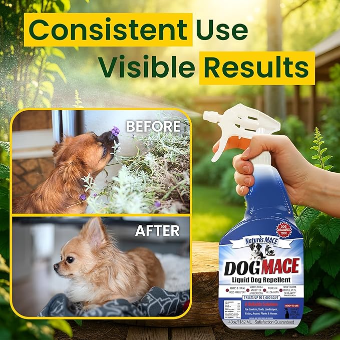 Nature’s MACE Dog Mace, Dog Repellent for Yard, Potty Training Tool, Indoor & Outdoor, Marking and Digging Spray, Pee Deterrent, Safe Around Kids, Pets, Plants, 40oz Concentrate, Treats 15,000 Sq Ft