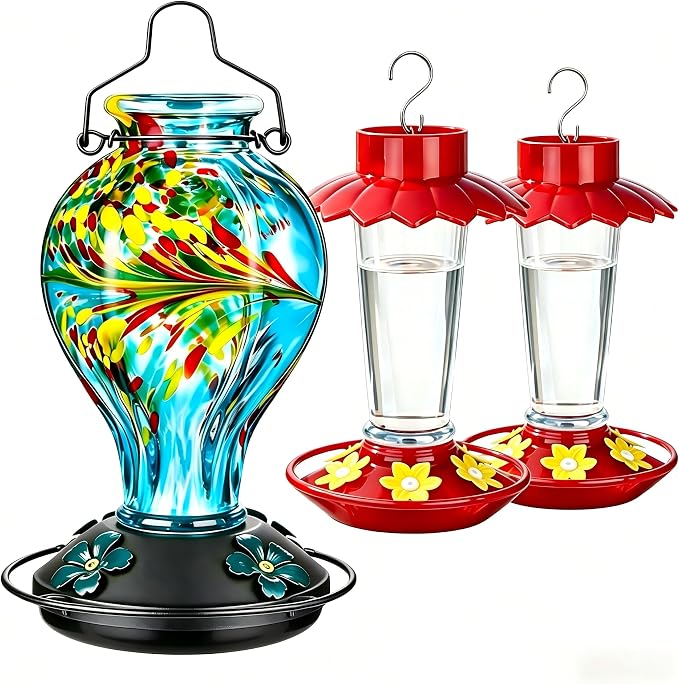 Bundle with 1 Pack Hand Blown Glass Hummingbird Feeders&2 Pack Plastic Hummingbird Feeders for Outdoors