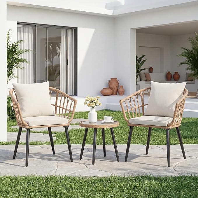 DUMOS 3 Pieces Outdoor Bistro Set, All-Weather PE Rattan Patio Furniture Set with Cushions, Steel Frame Table and Chairs for Balcony, Apartment, Porch, Beige
