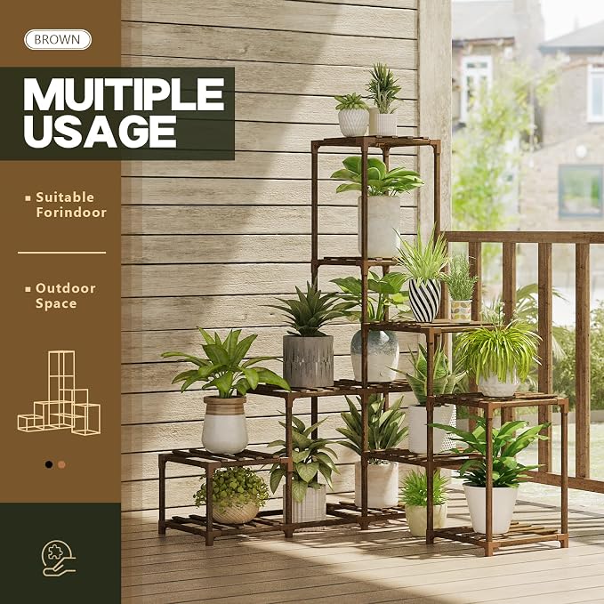 Bamworld Plant Stand Indoor Corner Plant Shelf Wood Plant Holder 13 Pots for Multiple Plants Home Decor for Gardening Gifts