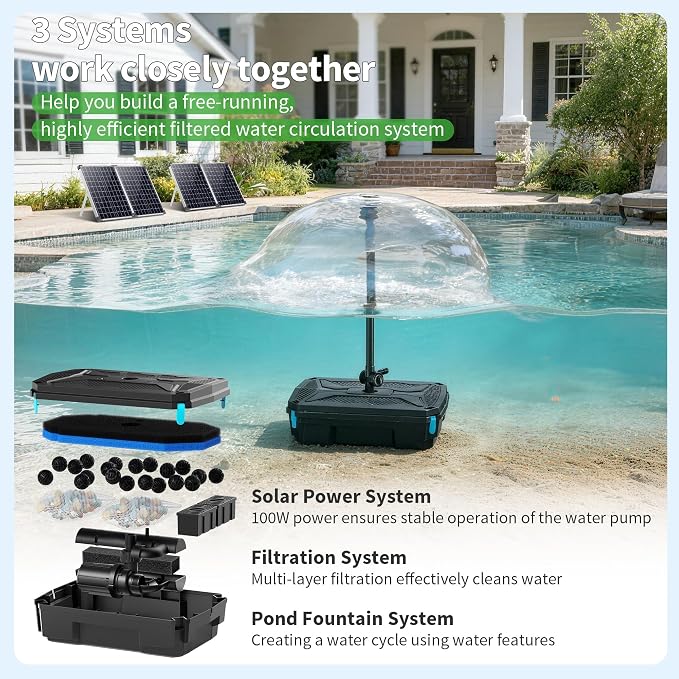 POPOSOAP 100W Solar Fountain Pump and Filter Kit, 1200GPH Solar Powered Pond Filter with 4-Stage Biological Filtration, Solar Pond Pump & Pond Filter Box for Outdoor Koi Pond, Garden, Waterfall P3100