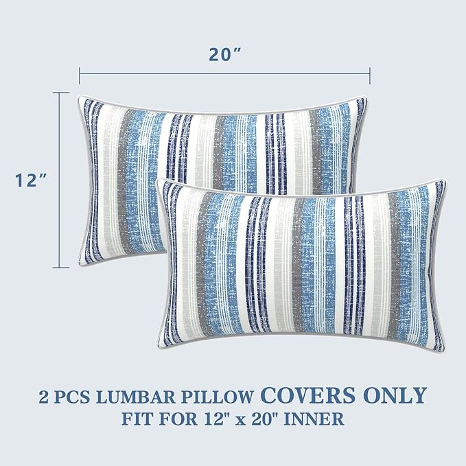 LVTXIII 2 Pack Outdoor Lumbar Pillow Covers 12x20 Inch with Piping, Water-Repellent Back Cushion Covers ONLY for Patio Furniture, Sofa, Garden Bench, Stripe Layered Blue
