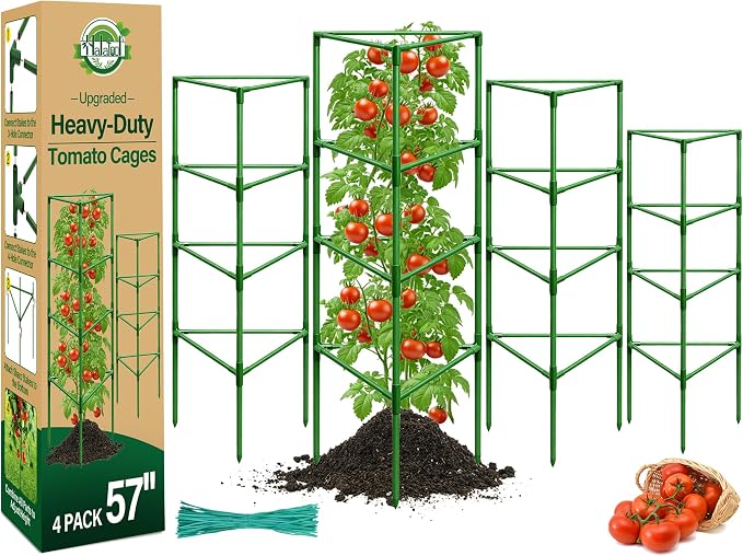 Halatool 57 Inch Tall Tomato Cages, 4 Pack Heavy Duty Metal Plant Supports Stakes for Garden, Adjustable Foldable Steel Trellis for Climbing Plants Cucumbers Peppers Cherry Flowers Vegetables Fruits