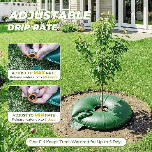 HIRALIY 20 Gallon Tree Watering Bag, 4 Pack Watering Ring, Slow Release 1-5 Days, Deep Root & Automatic Drip Irrigation System, for Multi-Trunk Newly Planted Small Trees and Shrubs