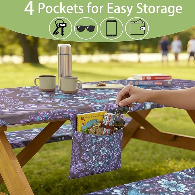 Fitted Waterproof Picnic Table Cover with Bench Covers Elastic Reusable Camping Table Cloths for 6Ft Rectangle Tables Summer Camp Motorhome Party Gear Outdoors Car Travel Trailer Gadgets Gift