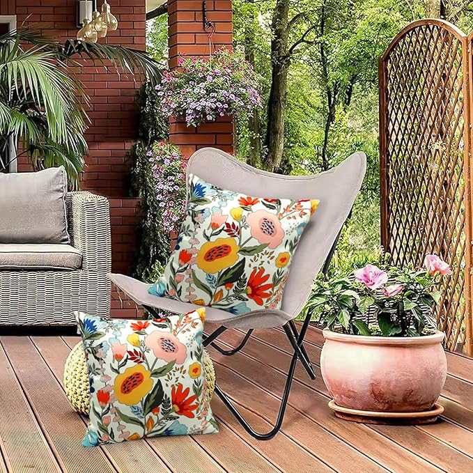 Floral Outdoor Throw Pillow Covers 18x18 Waterproof Colorful Summer Spring Garden Decorative Square Patio Pillows Outdoor Pillows Covers for Patio Furniture Set of 2 (No Pillow Insert)