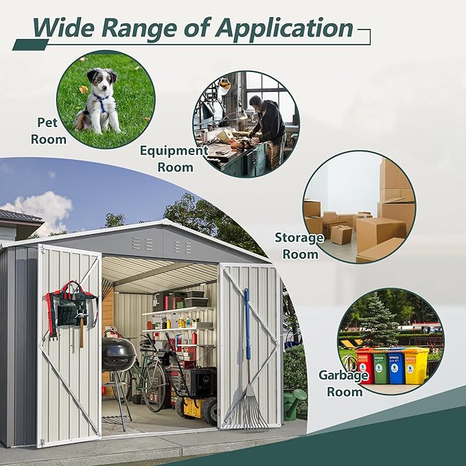 YOPTO 10×10 FT Outdoor Storage Shed,Metal Aluminum Waterproof Tool Sheds with Doors and Vents,Heavy-Duty Sheds Unit W/Lock and Key,for Storing Bicycles,Lawnmowers,Barbeques,Gray