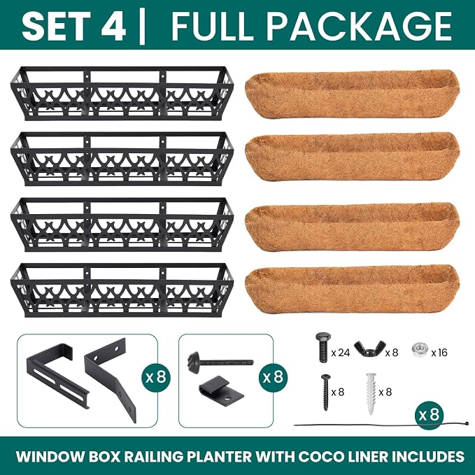 4 Pack Window Box Railing, 24IN Black Metal Hanging Flower Planter Basket with Coco Liner for Outdoor Balcony Porch Fence Patio for Home, Office and Hotel (Black)