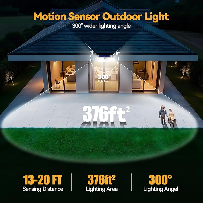 TECKNET 416 LED Solar Powered Outdoor Lights, 270° Angle & 3 Lighting Modes Motion Sensor Light Outdoor, Security Solar Lights Waterproof - 2 Pack, White, Cold Light