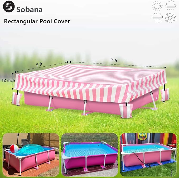 Rectangular Pool Cover,Waterproof Covers for 7' x 5' x 24" Rectangular Metal Frame Above Ground Outdoor Swimming Pool,with Tie-Down Ropes & 4 Sandbags,Increase Stability(Cover only,Pink)