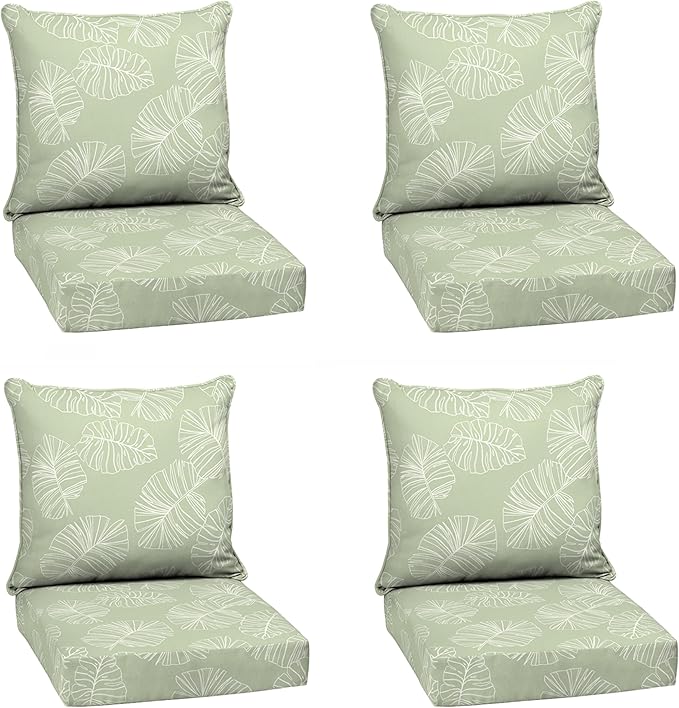 Arden Outdoor Deep Seat Cushion Set (4-Pack), 24 in x 24 in, Weather-Proof, Rain-Proof, Fade Resistant Patio Cushion for Chair, Sofa, and Couch Coastal Green Leaf