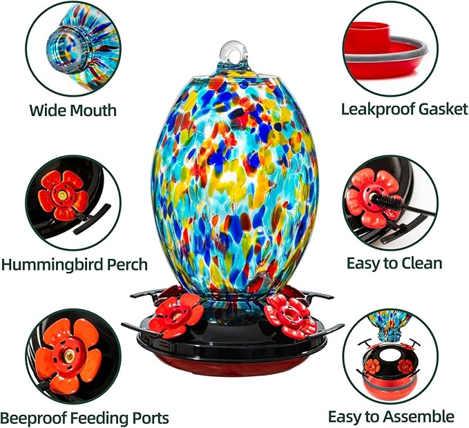 Muse Garden Glass Humming Bird Feeders for Outdoors - 27OZ Blown Glass Hummingbird Feeder - Unique Gift Mom Women Grandparents, Outdoors Hanging Garden Decor, Ant Moat & Brush, Blue Polka Dots
