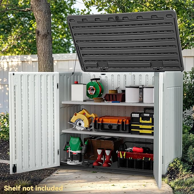 DWVO 47 cu ft Spacious Horizontal Storage Unit, Outdoor Resin Tool Locker Without Shelf, Waterproof Lockable Container with Base for Gardening, Waste Bins, Grass Cutter, 4.5x2.8x3.9 ft, Light Gray