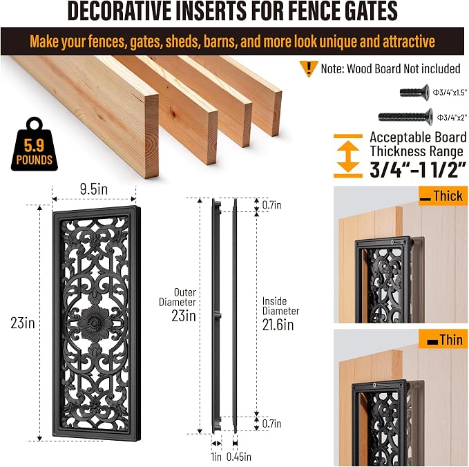 Decorative Inserts for Fence Gates, Aluminum Alloy Ornamental Panels Outdoor Home Garden Decor, Rect Floral, 22.9"x9.25"