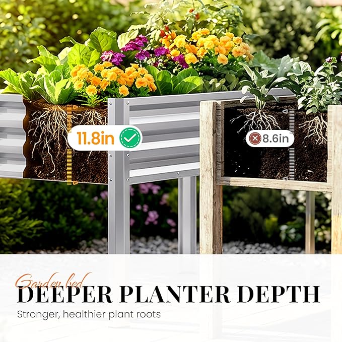 KING BIRD Large Raised Garden Bed with Legs Galvanized Elevated Planter Box 48×24×32 in for Backyard, Patio, Balcony, 400lb Capacity, Silver