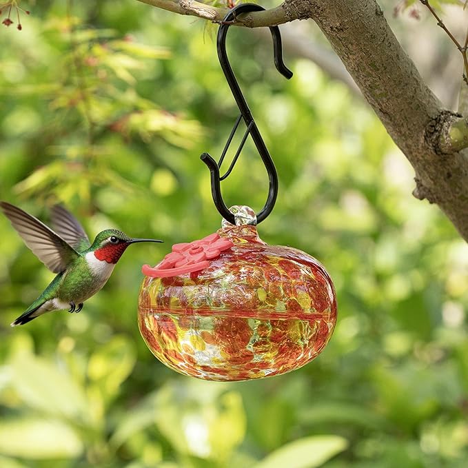 QFkris Blown Glass Hummingbird Feeder for Outdoors Hanging, Small Hummingbird Feeder with Flower Feeding Ports for Outside Garden Backyard Decor, Gifts for Women Mom(Orange)