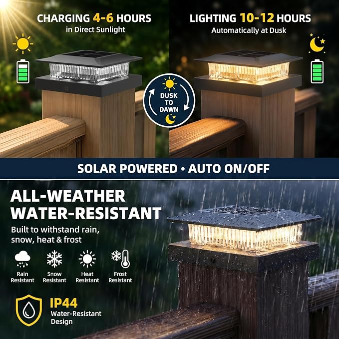 16 Pack Solar Post Cap Lights 4x4, Dual-Color Waterproof Fence Post Solar Lights, Fits 4x4 Vinyl or 3.5x3.5 Wood Posts, Dusk to Dawn Outdoor Lighting for Deck, Garden & Porch Decor, Black
