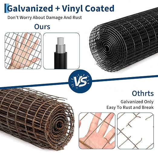 PVC Coated Welded Wire Fence,48 Inch x 50 Foot,16GA,Black Vinyl Coated Metal Wire Mesh Fencing Roll for Garden Border, Yard Vegetable Plant Protection and Poultry Netting