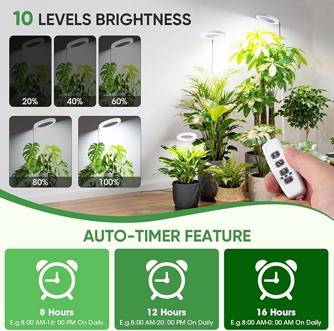 Grow Lights for Indoor Plants, 72 LED 6500K Full Spectrum, 59in Tall Plant Light, 3 Color Grow Lamp with Rotating Gooseneck, 8/12/16H Timer, 10 Brightness Levels, Height Adjustable
