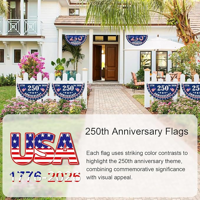2PCS USA Anniversary 250th Flag, 1.5X3 FT Anniversary Fan Flags, Yard Signs Hanging Decor for Outdoor, Front Door, Porch, Welcome Backdrop with Brass Grommets (Style 4)