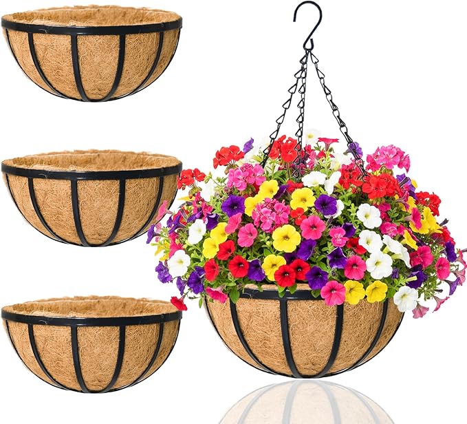 Hanging Planters for Outdoor Plants 4 Pack 12 inch Metal Hanging Flower Basket with Coco Coir Liner Wire Plant Holder Watering Flower Baskets Pot Hanger Garden Decoration for Indoor Outdoor(DQL)