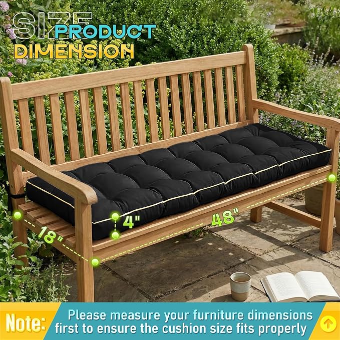 Outdoor Bench Cushion, Tufted Patio Seat Pad for Garden Bench, Porch Swing, Indoor/Outoor Furniture (Black, 48X18X4 inch)