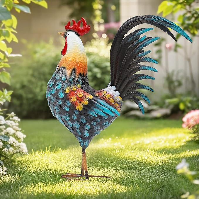 32" Metal Rooster Yard Decor, Large Outdoor Garden Statue | Outdoor Chicken Sculpture, 3D Hand-Painted, Rustic Farmhouse Style, Weather Resistant Iron, Backyard Patio Lawn Garden
