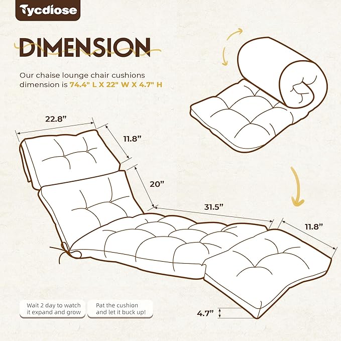 Waterproof Outdoor Chaise Lounge Chair Cushion 74.4 x 22 x 4.7 Inches Memory Foam Lounge Chair Cushions for Outdoor Furniture with Ties, Thickened Pool Chaise Lounge Chair Cushions, Brown