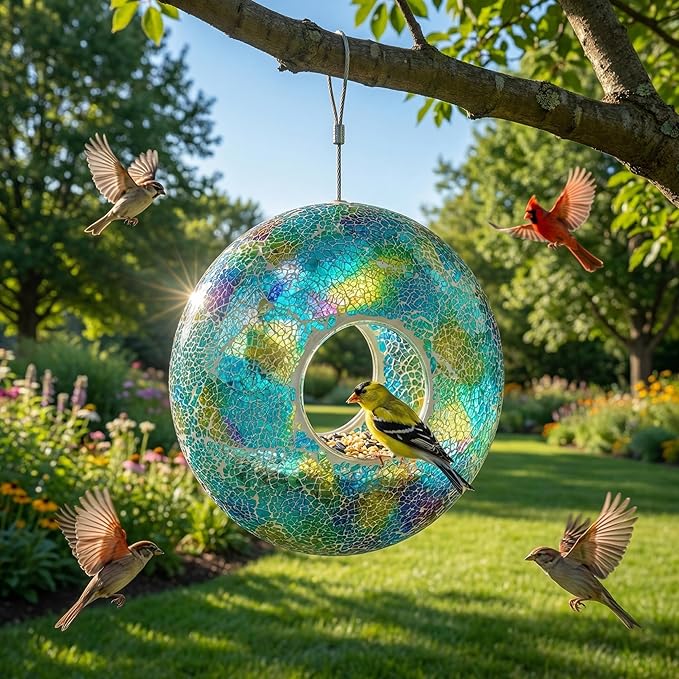 DUSVALLY 9" H Round Fly Through Bird Feeder Squirrel Proof for Garden Wild Seed, Crackled Glass Mosaic Outdoor Hanging Feeder for Bird Lovers, Blue & Yellow